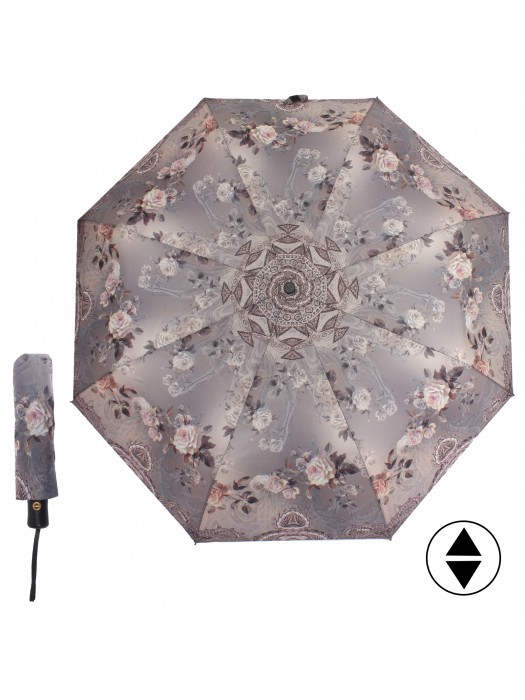 Зонт женский ТриСлона-883/L 3883 С,  R=55см,  суперавт;  8спиц,  3слож,  полиэстер,  бежевый  (цветы)  219259