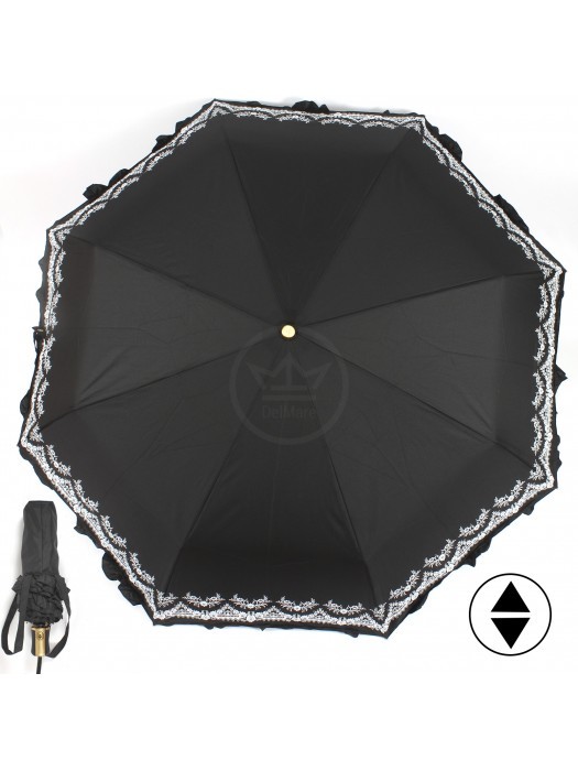 Зонт женский ТриСлона-118/L 3818G,  R=58см,  суперавт;  8спиц,  3слож,  однотонный с оборкой  (цветы),  черный 228697