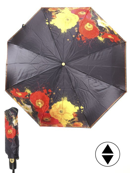 Зонт женский ТриСлона-L 3825 M,  R=58см,  суперавт;  8спиц,  3слож,  фотосатин,  черный  (маки)  248436
