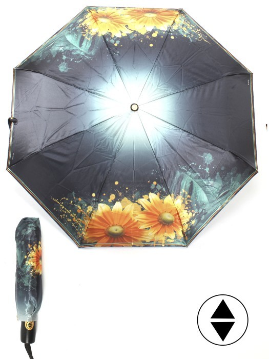 Зонт женский ТриСлона-L 3825 M,  R=58см,  суперавт;  8спиц,  3слож,  фотосатин,  зеленый/желтый  (подсолнухи)  248441