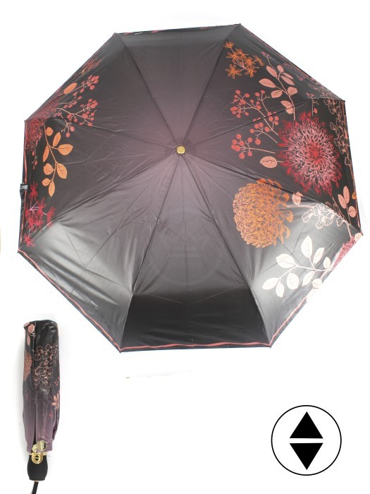 Зонт женский ТриСлона-L 3851C,  R=58см,  суперавт;  8спиц,  3слож,  набивной панорамный "Эпонж",  черный/коричн 259939