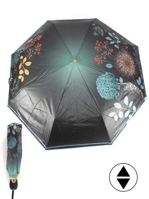 Зонт женский ТриСлона-L 3851C,  R=58см,  суперавт;  8спиц,  3слож,  набивной панорамный "Эпонж",  черный/зеленый 259940